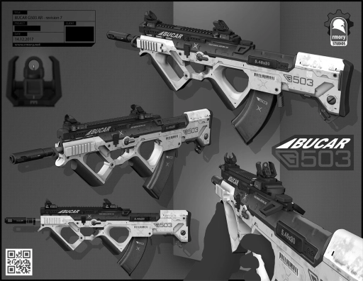 Multiple angled views of a futuristic white and black tactical rifle labeled 'IBUCAR 9503' with mechanical and modern design elements displayed on a gray background.